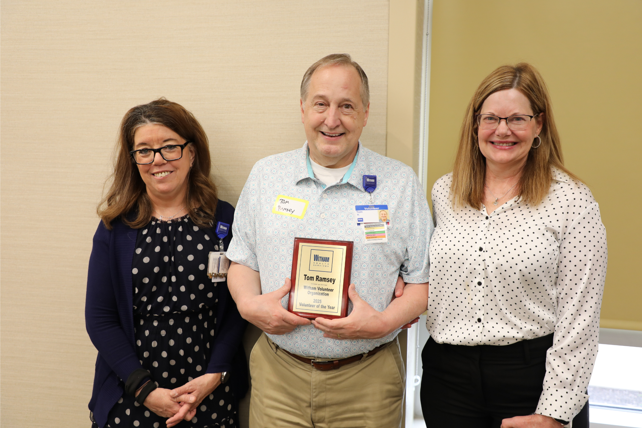 Director of Volunteer Services Amy Mitchell (left), Tom Ramsey (center) and Tom’s wife Cathy Ramsey (right). 