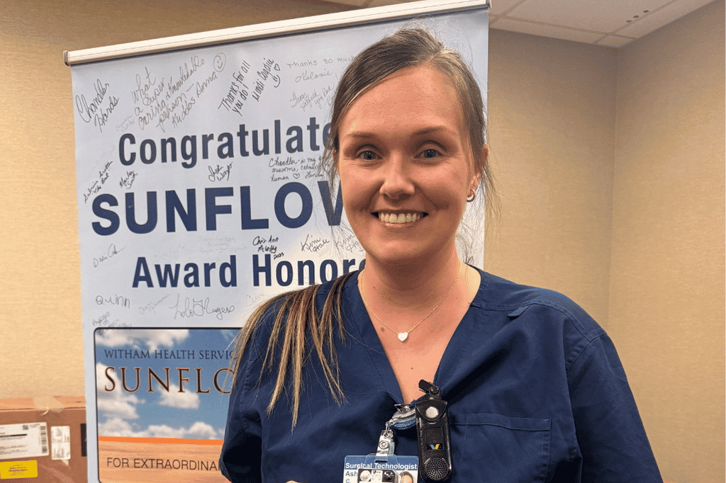 Ashley Crum, a Certified Surgical Technologist in the Endocrinology department, received Witham Health Service's Sunflower Award.