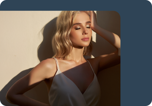 A blond lady partially in shadows wearing a white bikini top