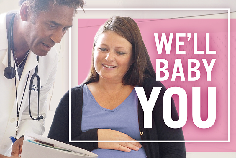 Dr. Olabi speaking with a patient. Text over the images says We'll Baby You