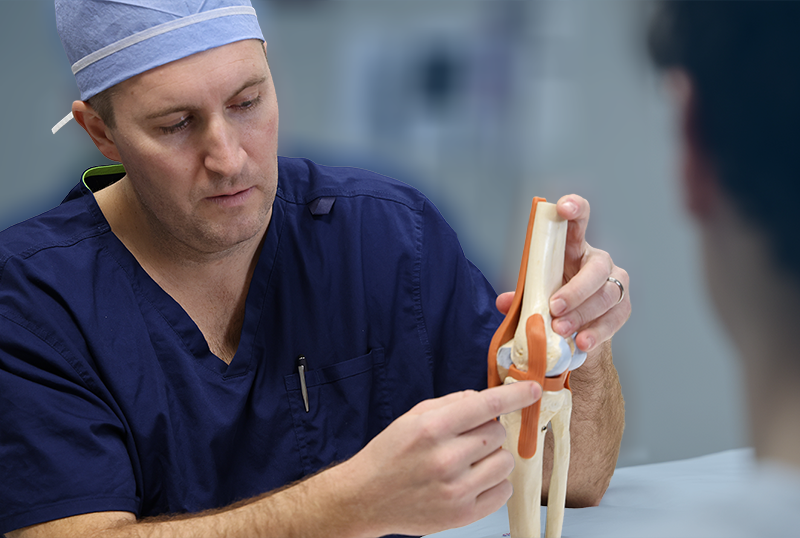 Dr. Horn shows a patient a model of a knee