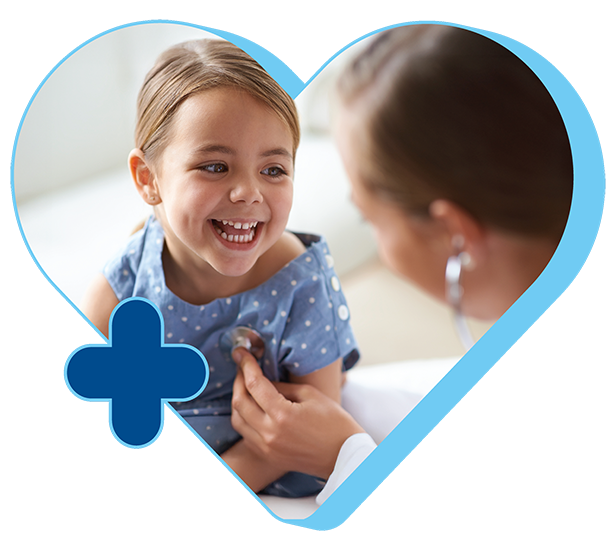  A doctor and a pediatric patient inside a heart-shaped frame